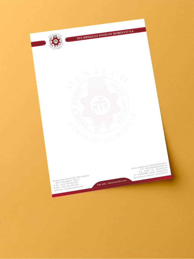 Exemple de papier en-tête professionnel imprimé au Maroc sur papier Target 90g